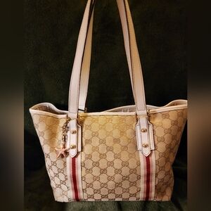 Gucci Monogram Jolicouer Charm Medium Tote Authentic Tan/White Vintage